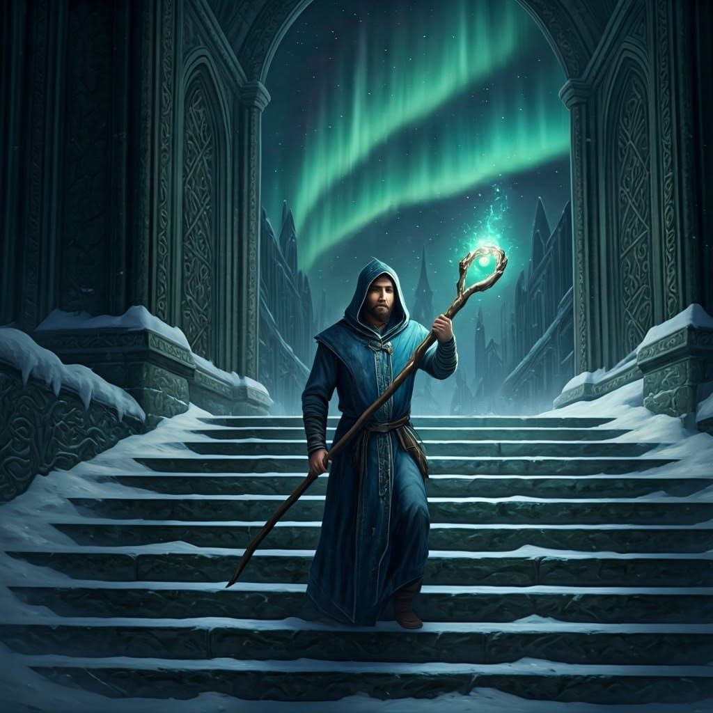 Mage Ascending to Winterhold College in Dark Fantasy Style