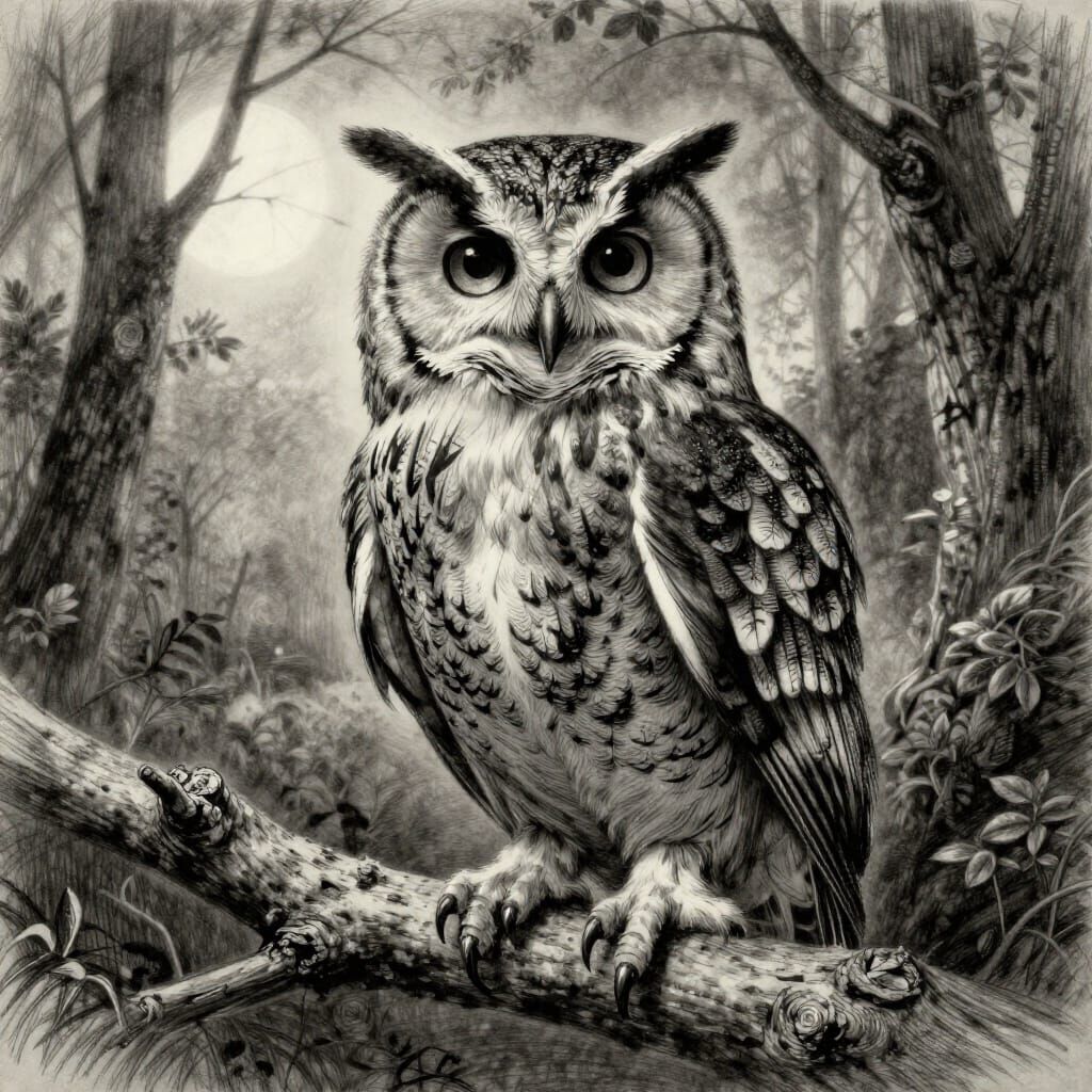 Wise Owl in Moonlit Forest Charcoal Drawing