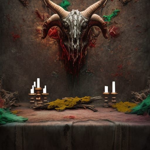 Rotting Zombie Goat Skulls on Altar, Detailed Painting