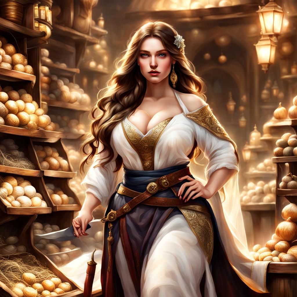 Fantasy Merchant Woman with Curvy Body and Long Hair