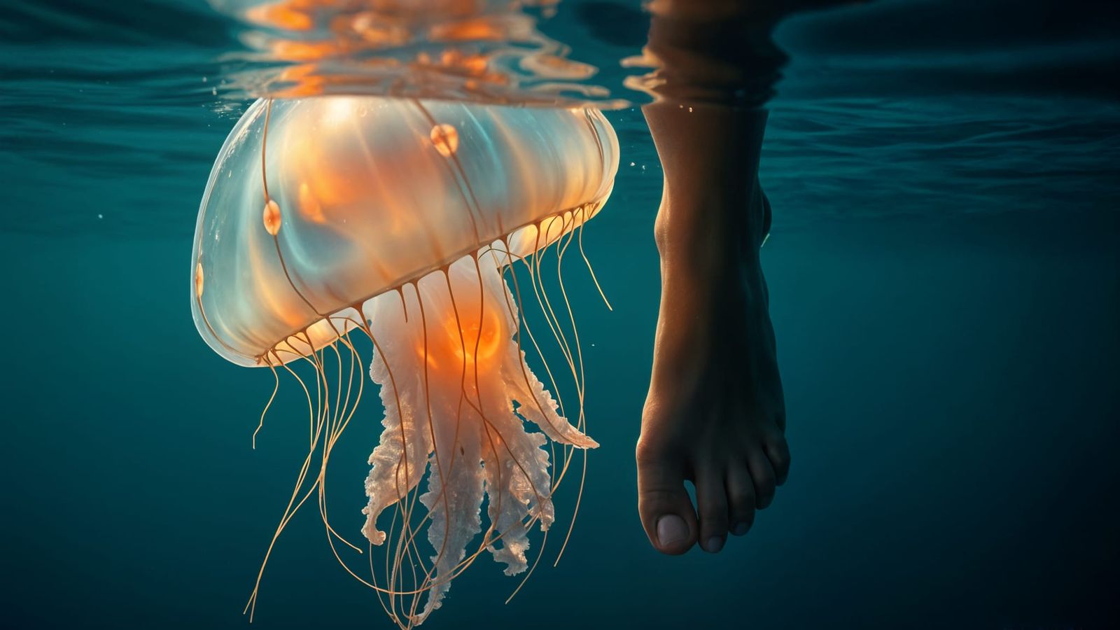 Ethereal Underwater Encounter with a Glowing Jellyfish