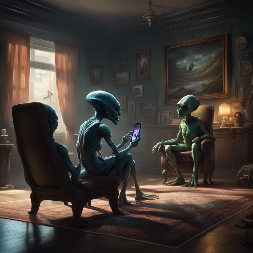 Alien Family Scene in Dark Fantasy Style
