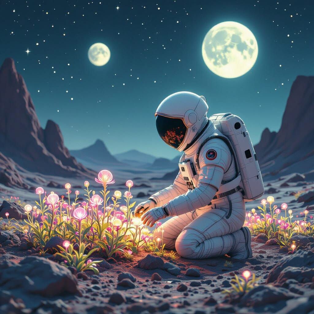 Astronaut Tends Alien Garden Under Twin Moons