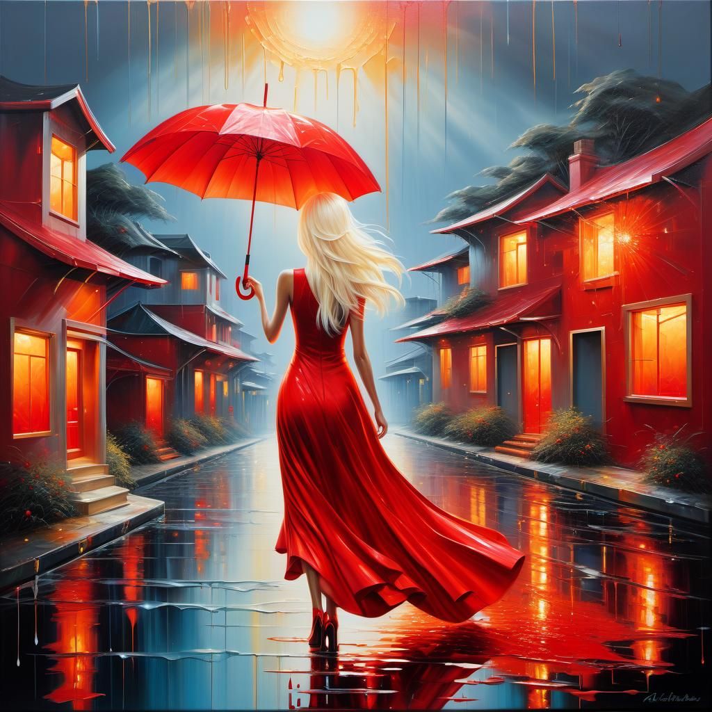Platinum Blonde Girl with Red Umbrella, 3D Oil Painting