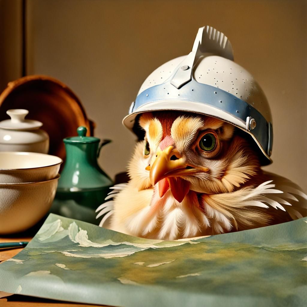 Chicken in Eggshell Helmet: Pastel Drawing