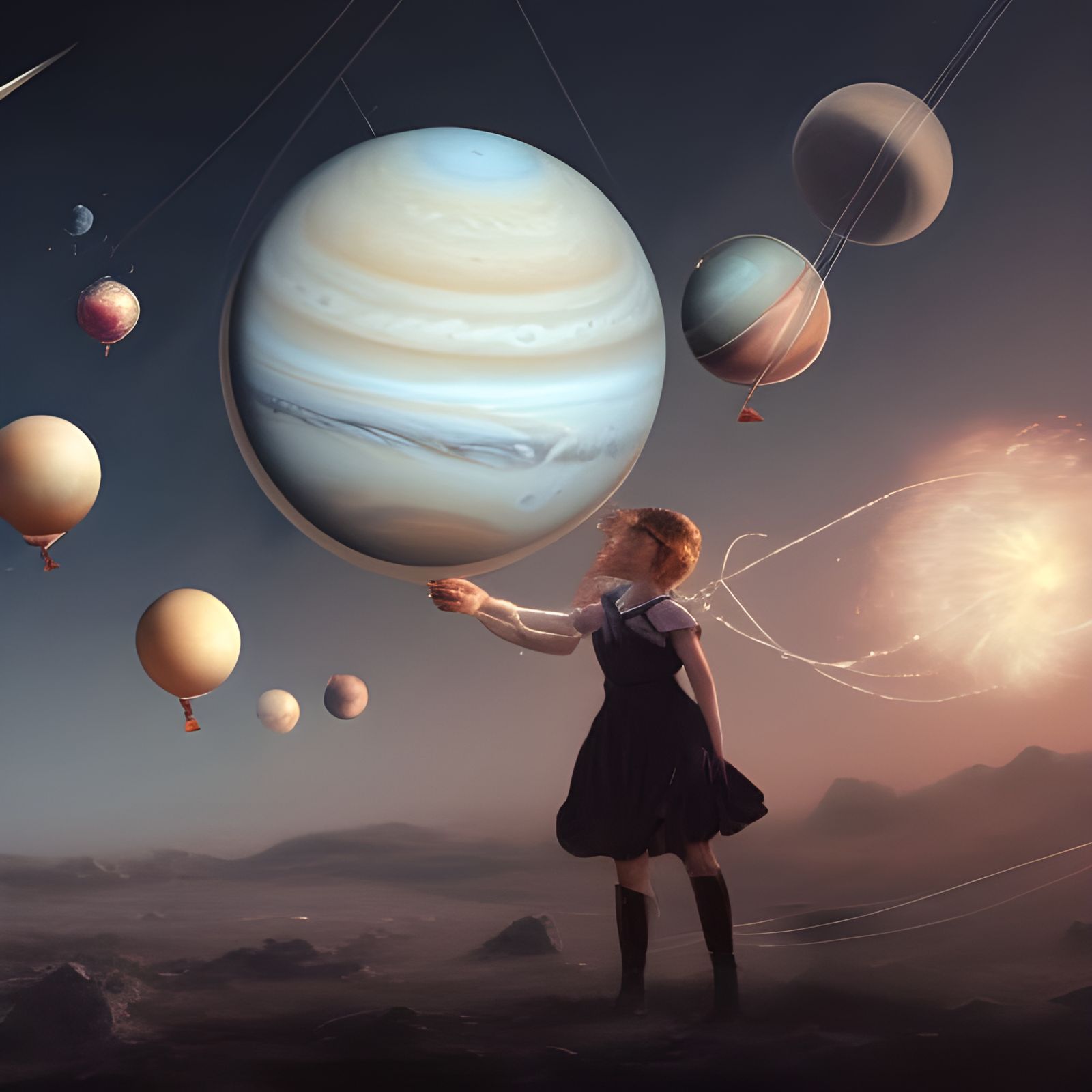 Planetary Balloons Ascend in Dark Fantasy Art