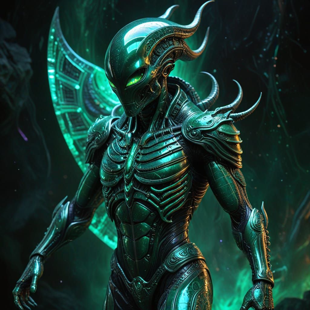 Ethereal Alien Warrior in Cosmic Jade Armor