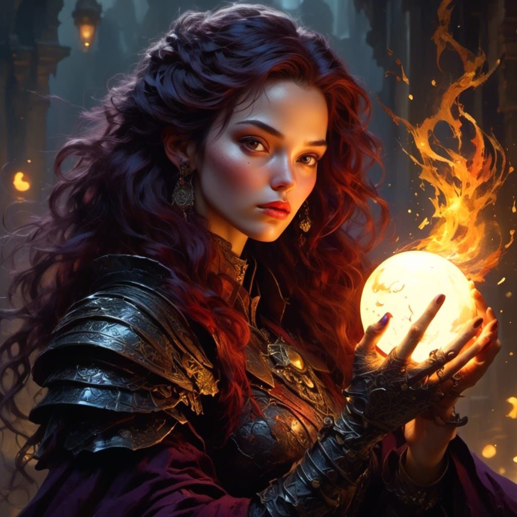 Regal Woman with Glowing Sphere in Dark Fantasy Style