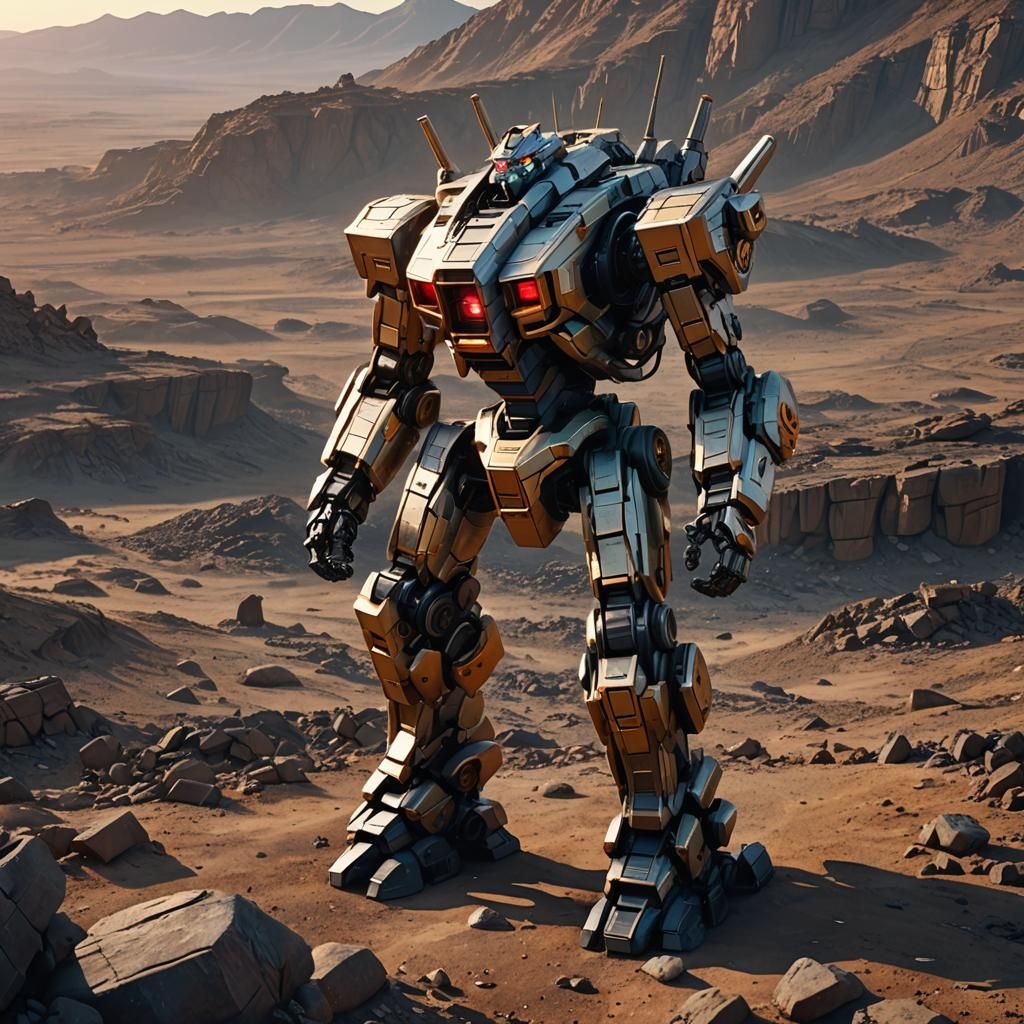 Futuristic LoFi Emas R-7X Mecha on Barren Planet