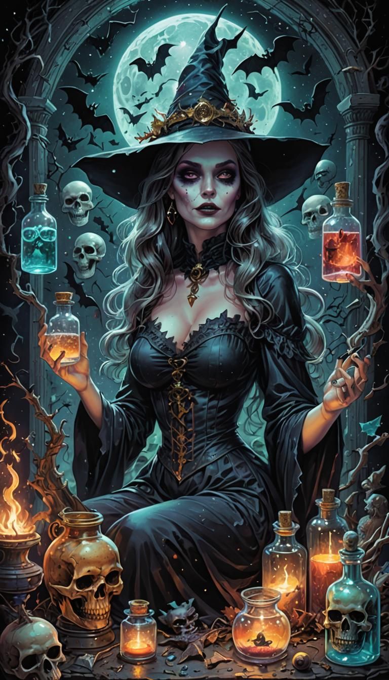 Cosmic Horror Witch Pinup Illustration in Mixed Media