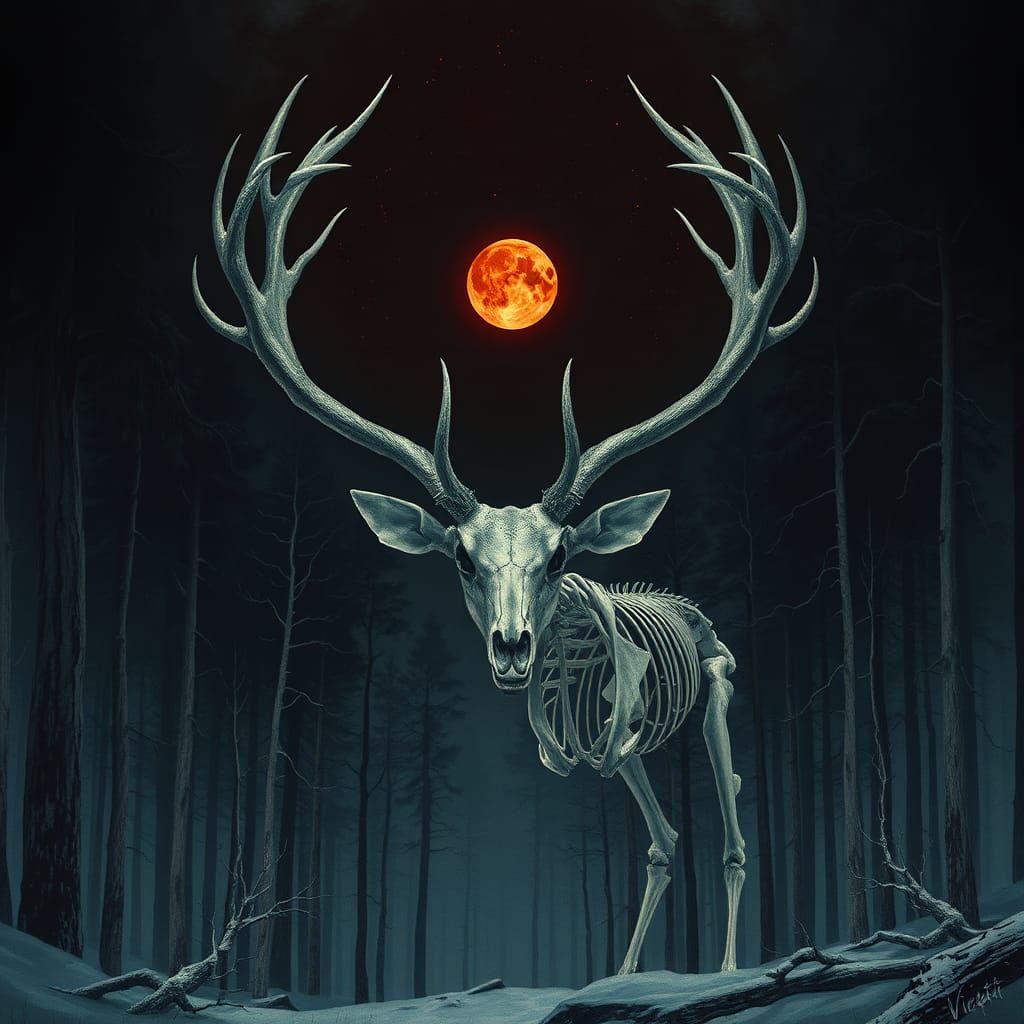 Deer Skeleton in Dark Forest with Red Moon