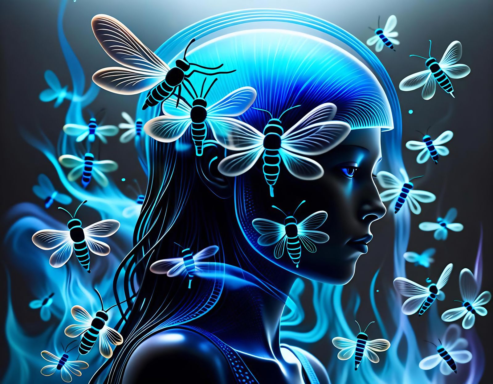 Neon Firefly Silhouette in Psychedelic Expressionism