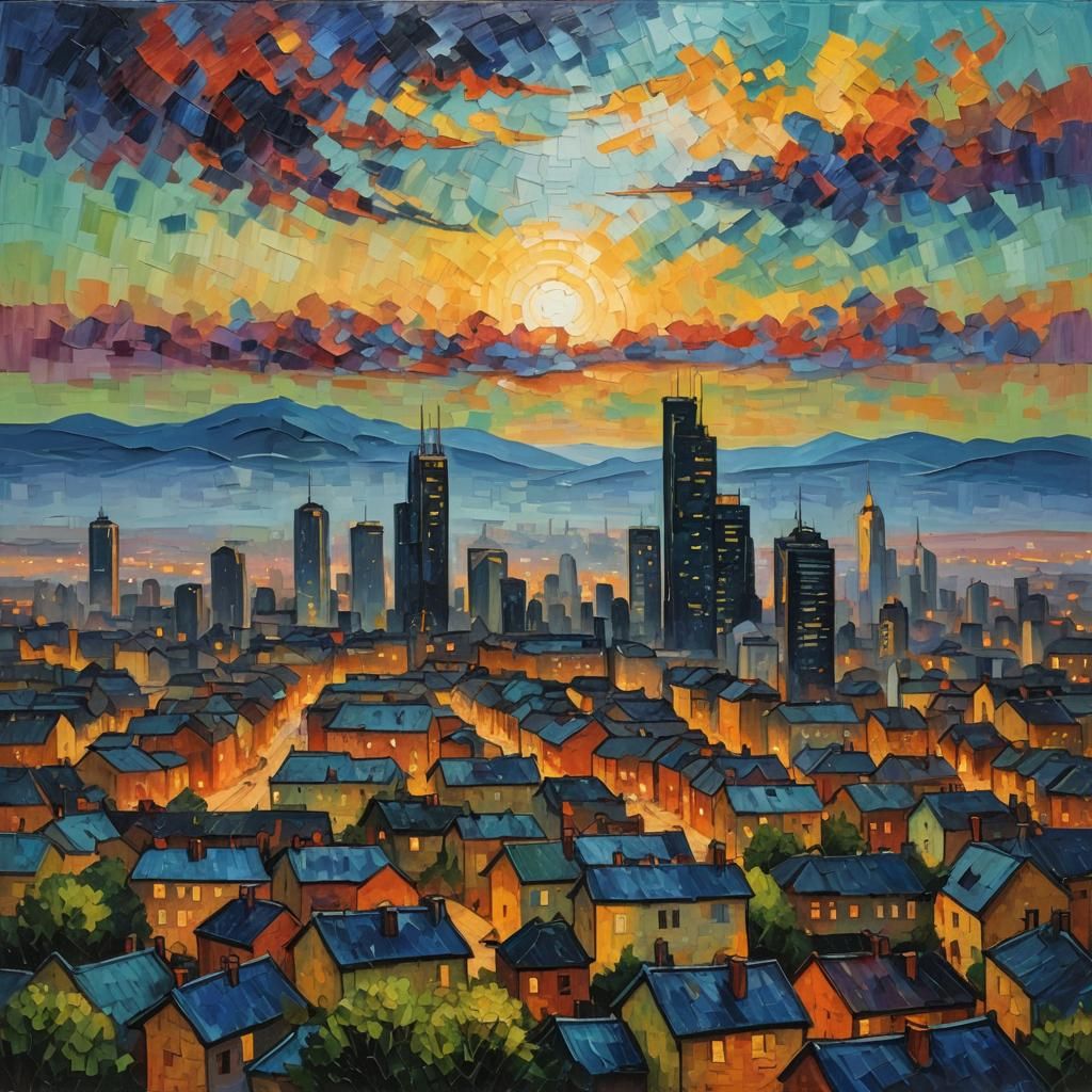 Cityscape Painting in Neo-Impressionist Expressionist Style