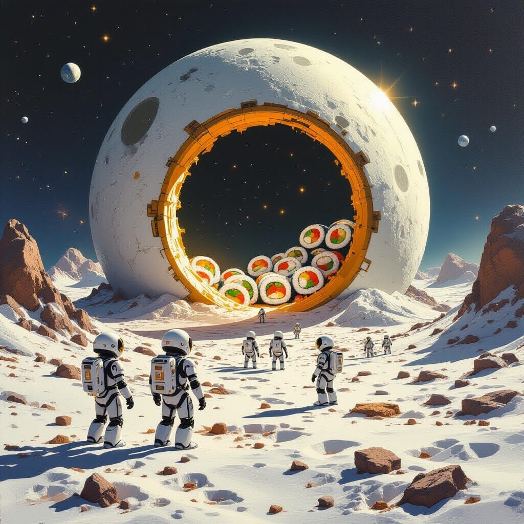 Robots Discover Sushi Portal: Photorealistic Oil Painting