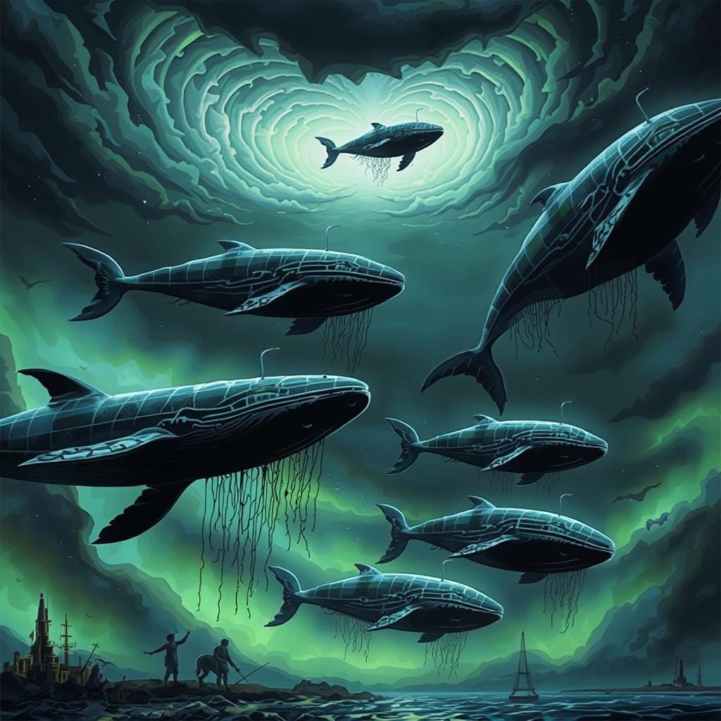 Bioluminescent Flying Whales in a Dark Surreal Sky