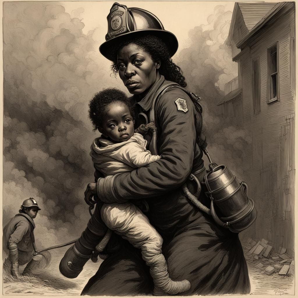 Powerful Firefighter Saving Child, Horror Illustration