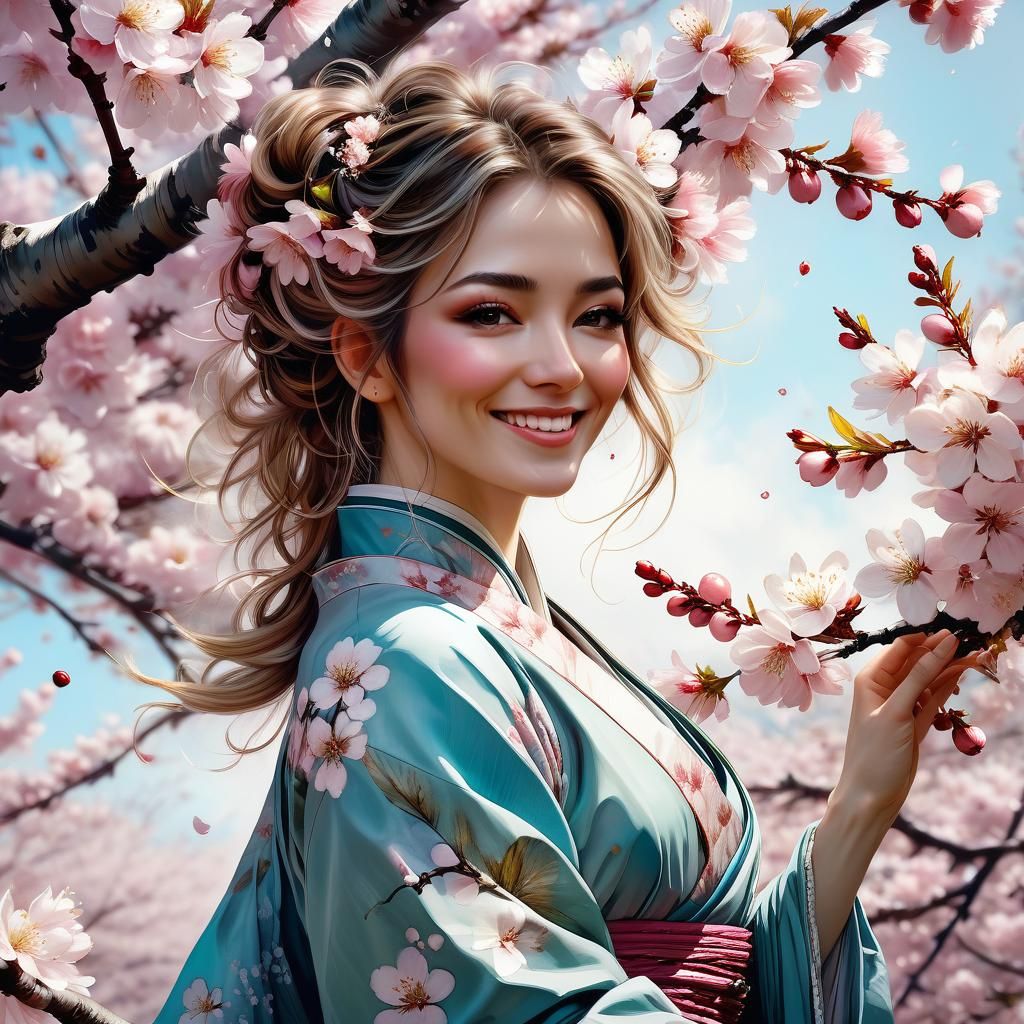 French Girl in Cherry Blossoms, Anime Style