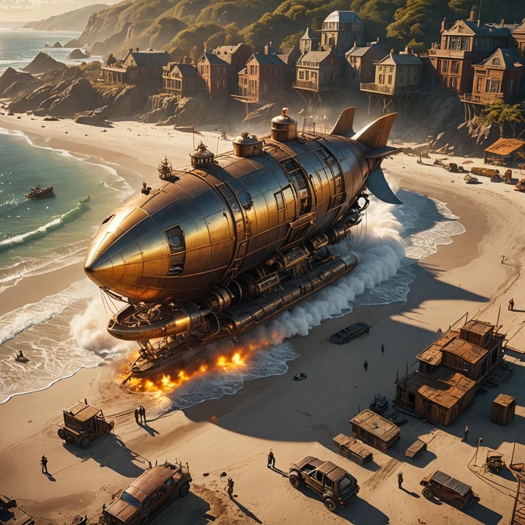 Steampunk Airship Repair on a Golden Beach