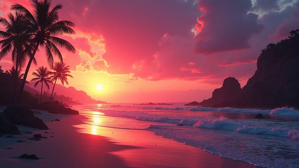 Steam-Punked Beach Sunset in Vibrant Synthwave