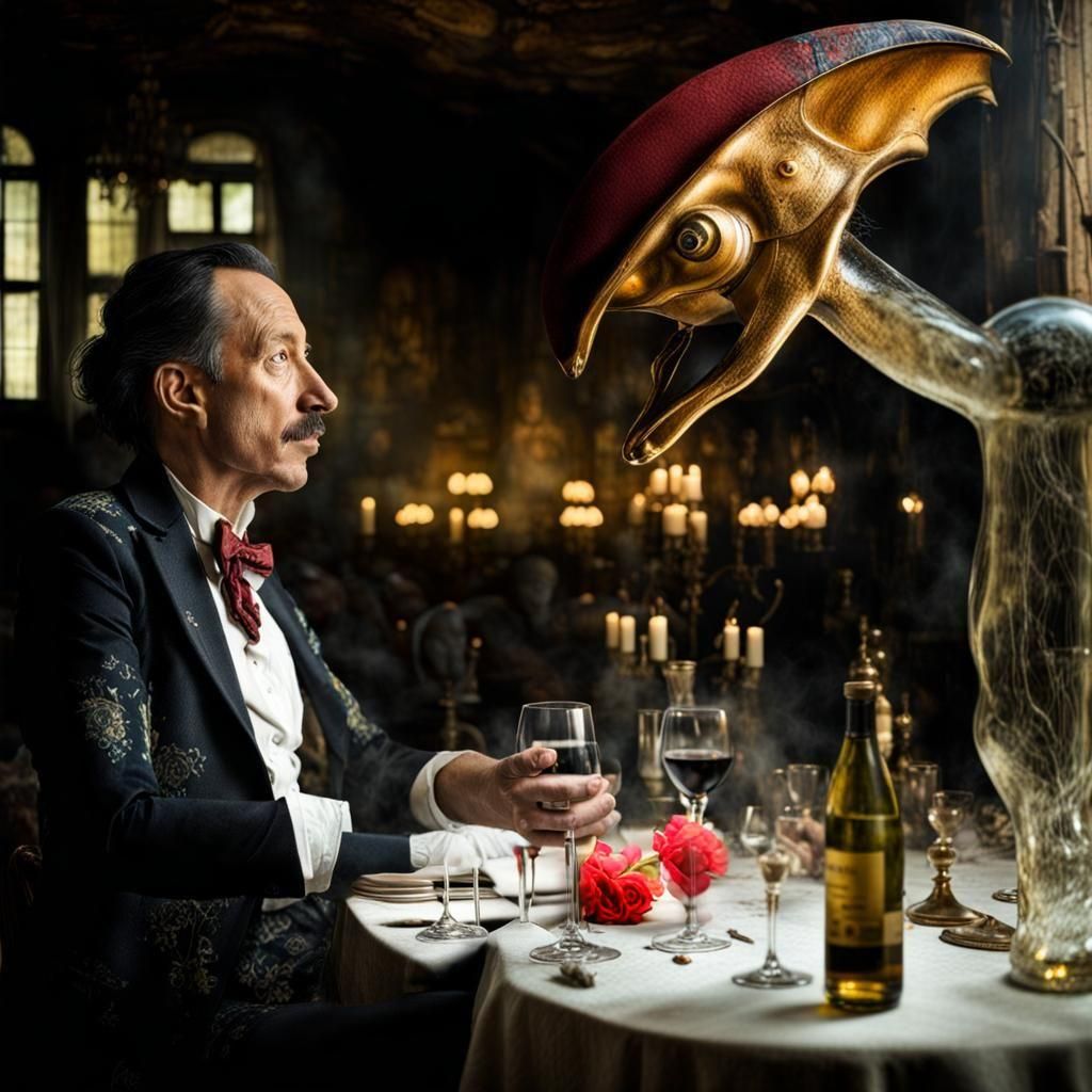 Surreal Restaurant Scene with Exotic Aliens Celebrating