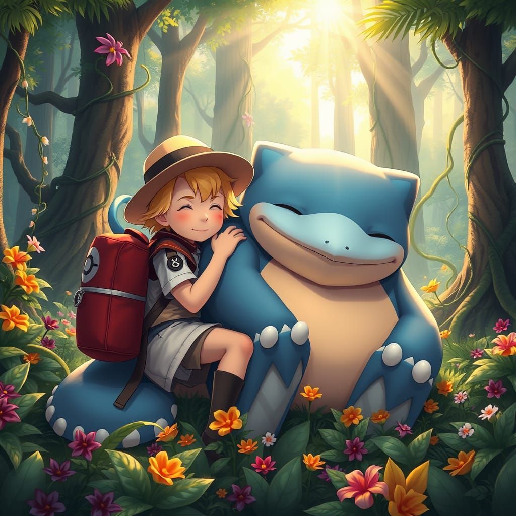 Young Pokémon Trainer Cuddles Snoozing Snorlax in Vibrant Fo...