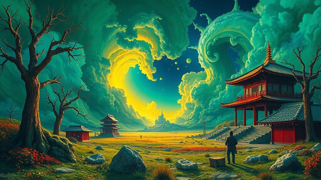 Surreal Dreamscape in Green, Blue, and Yellow Hues