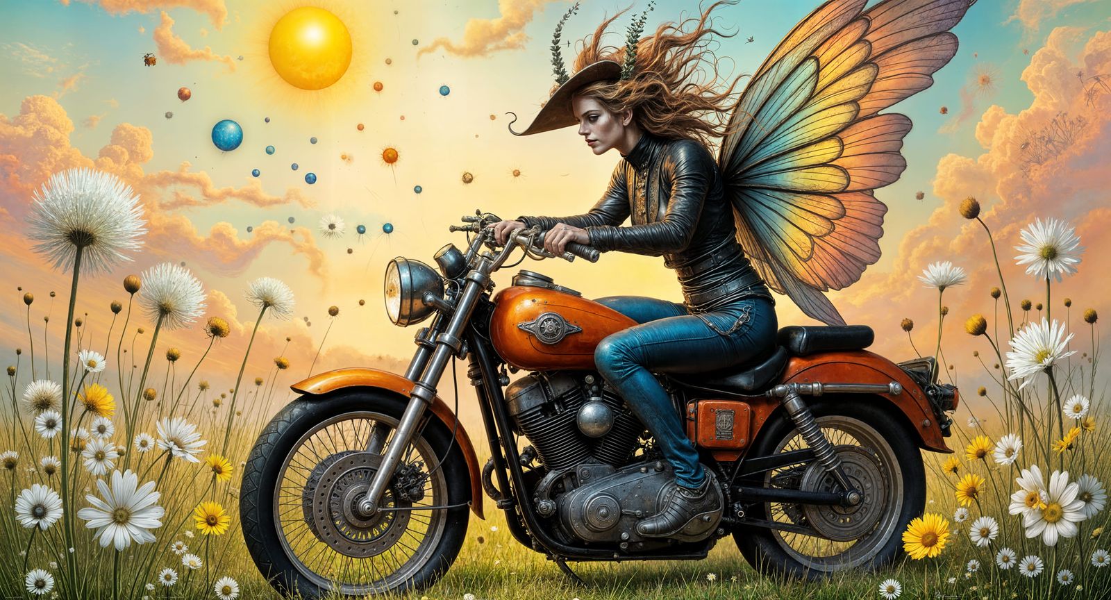 Steampunk Fairy Rides Motorcycle Through Flower Field