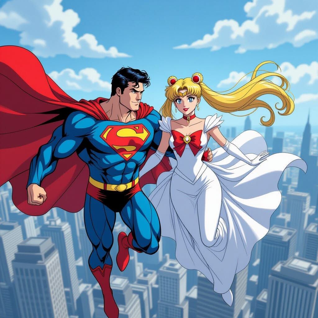 Superman and Sailor Moon Flying Over City
