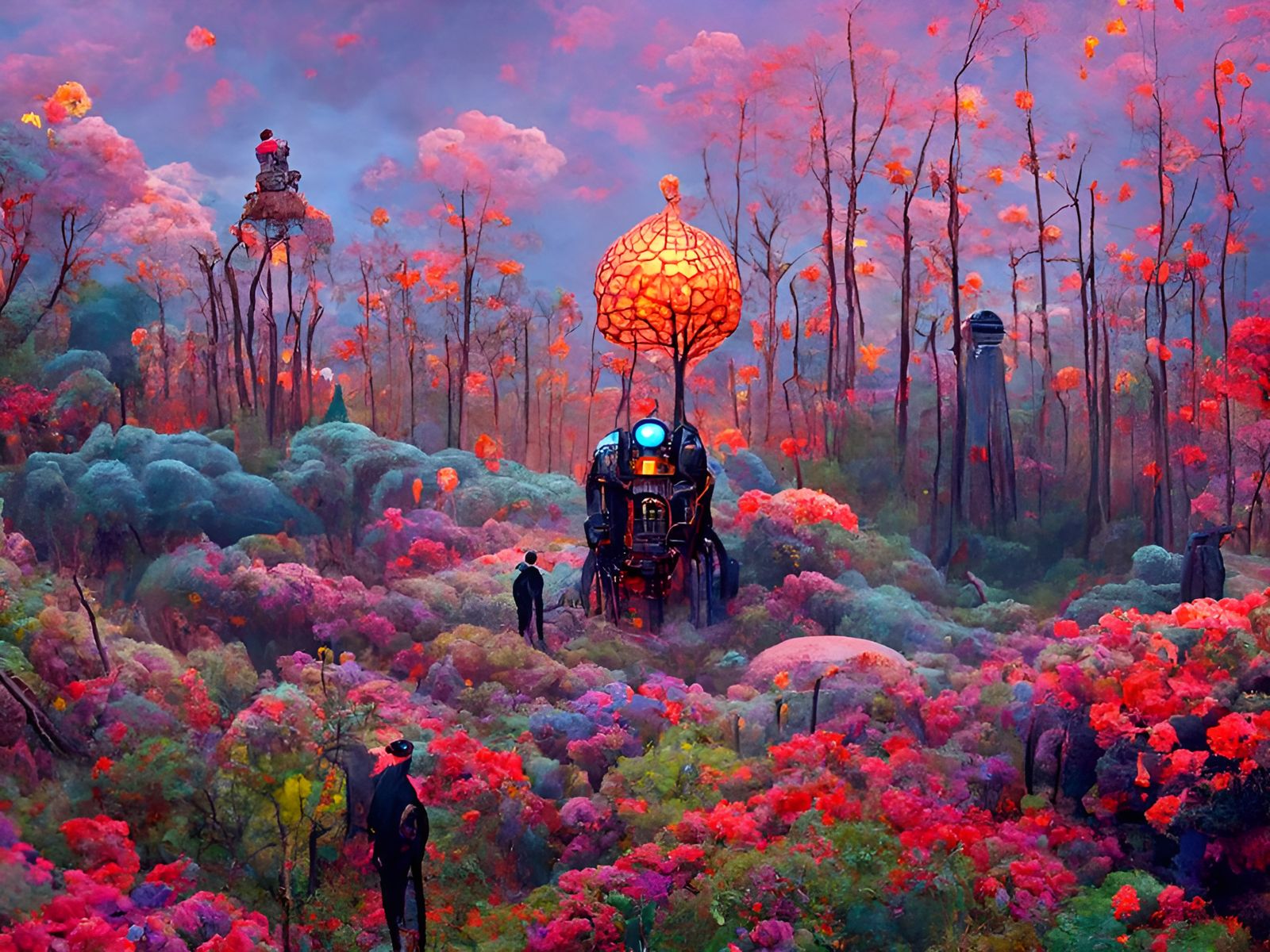 Robot Walks Surreal Forest Dreamscape, Digital Painting