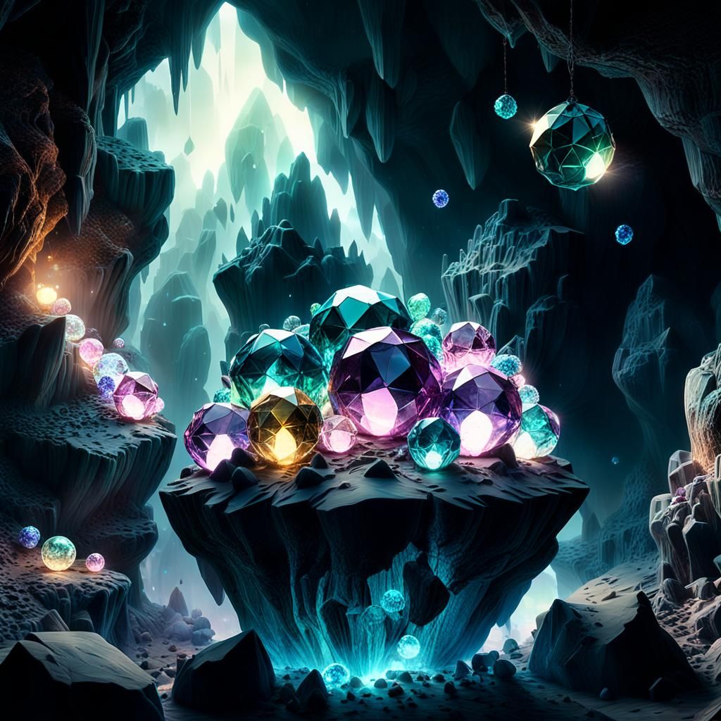 Mystical Crystal Orbs in Foggy Cavern: Fantasy Art