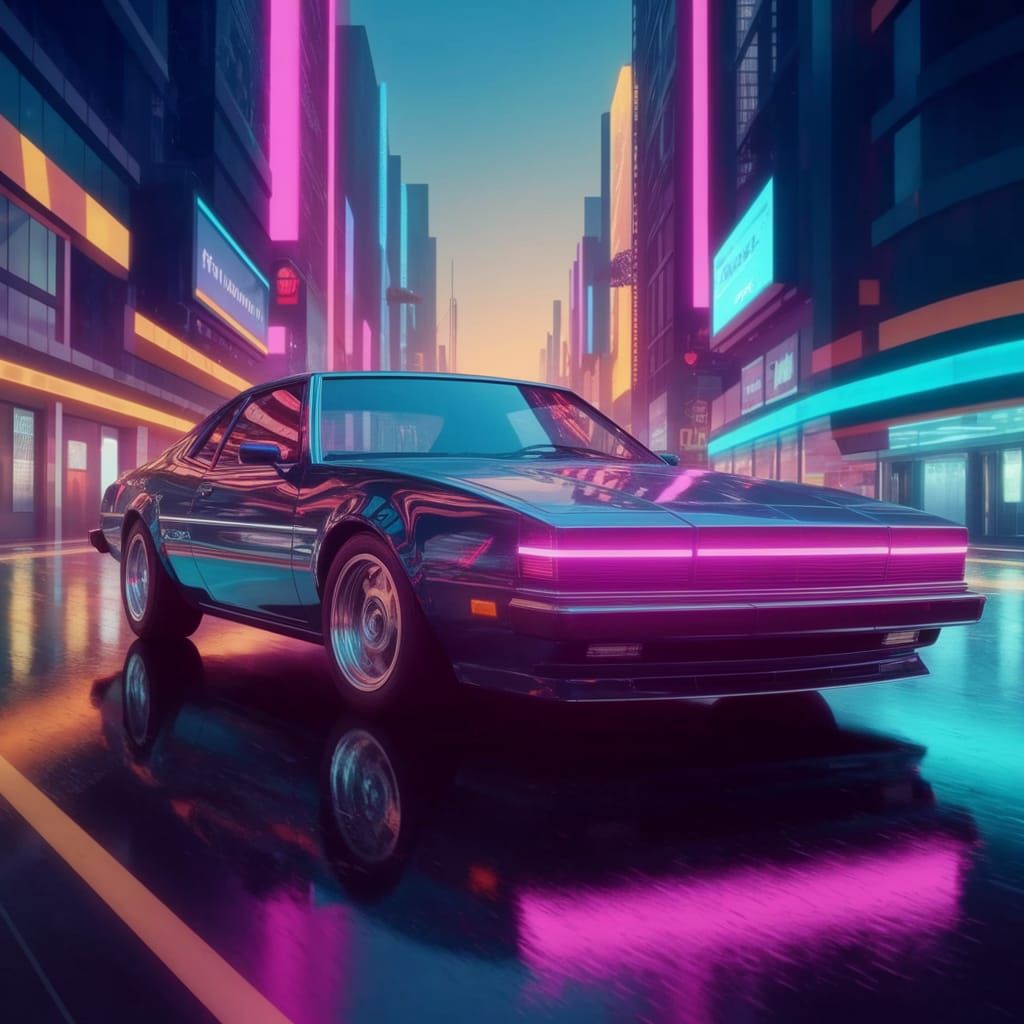 Neon Dreams: 80s-Inspired Car Cruises Futuristic City Street...