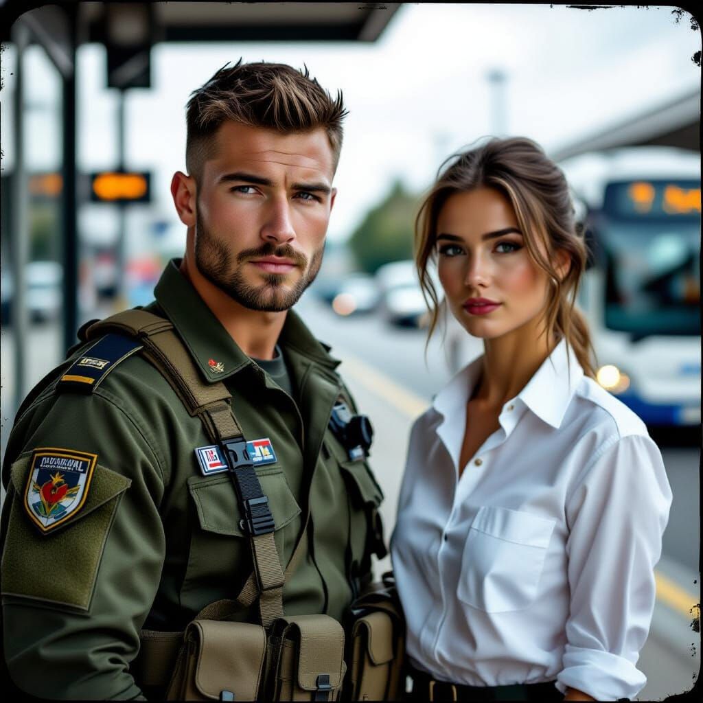 Pre-Raphaelite Soldier's Farewell at Bus Station