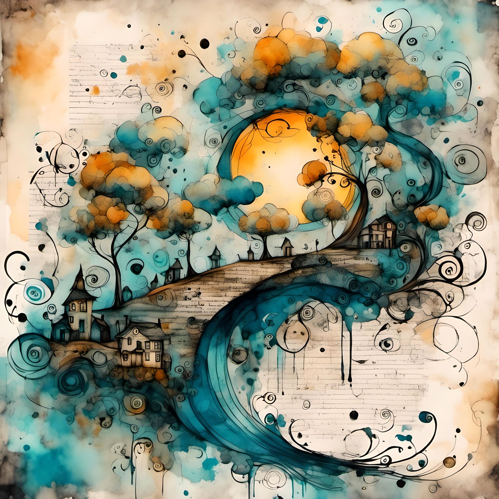 Abstract Surreal Town in Sketch Style