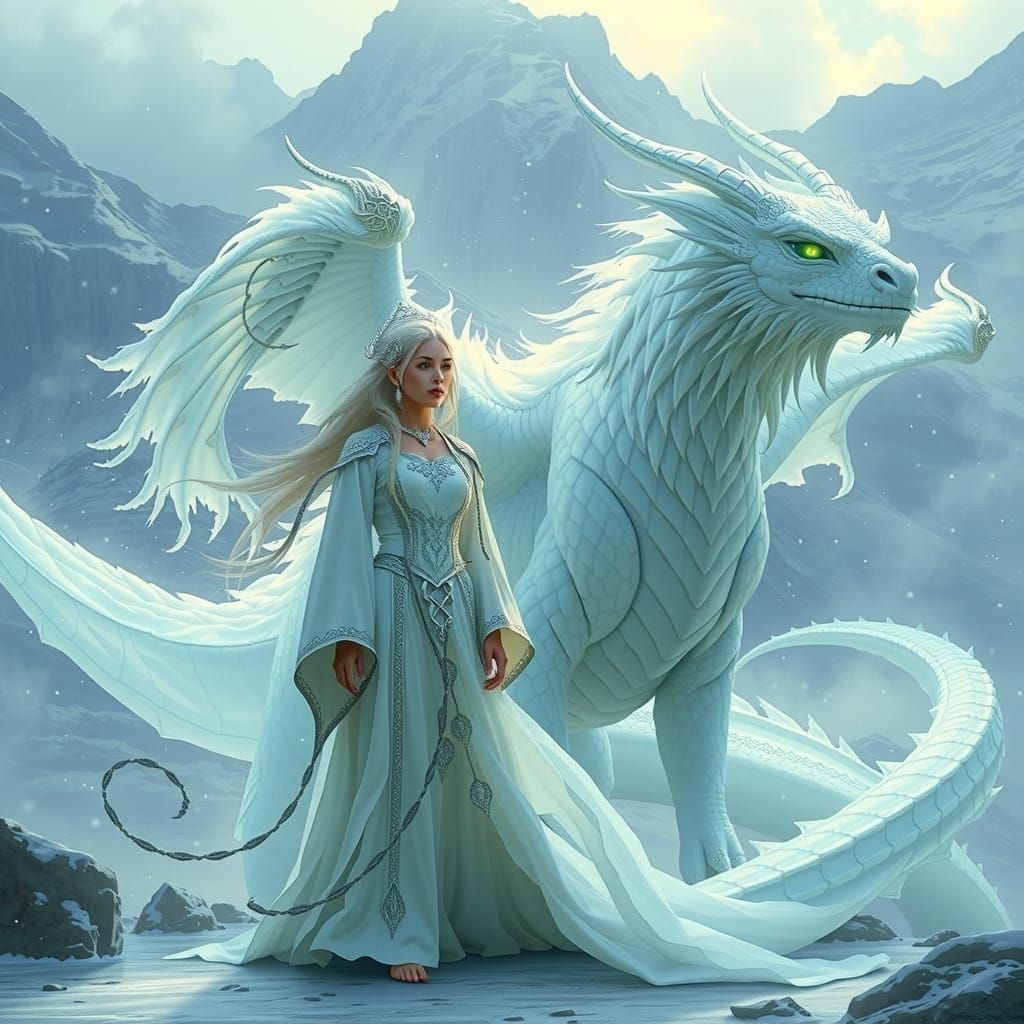 Dragon Goddess with White Dragon in Snowy Landscape
