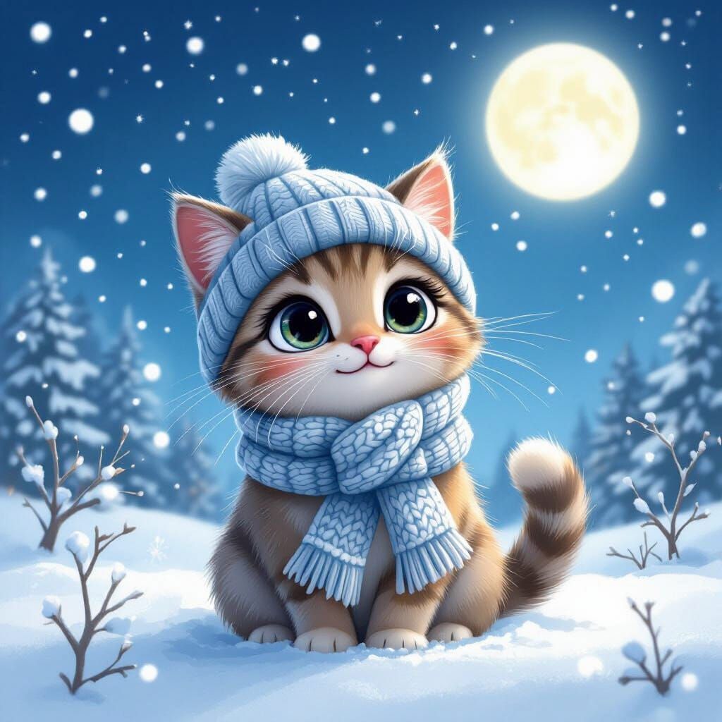 Cartoon Cat in Snowy Wonderland Under Moonlit Sky