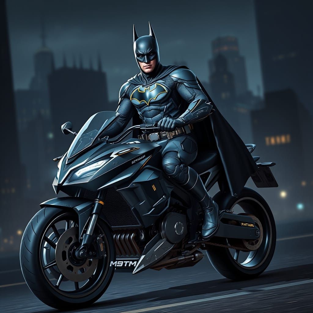 Futuristic Batman in Dark Gotham Cityscape