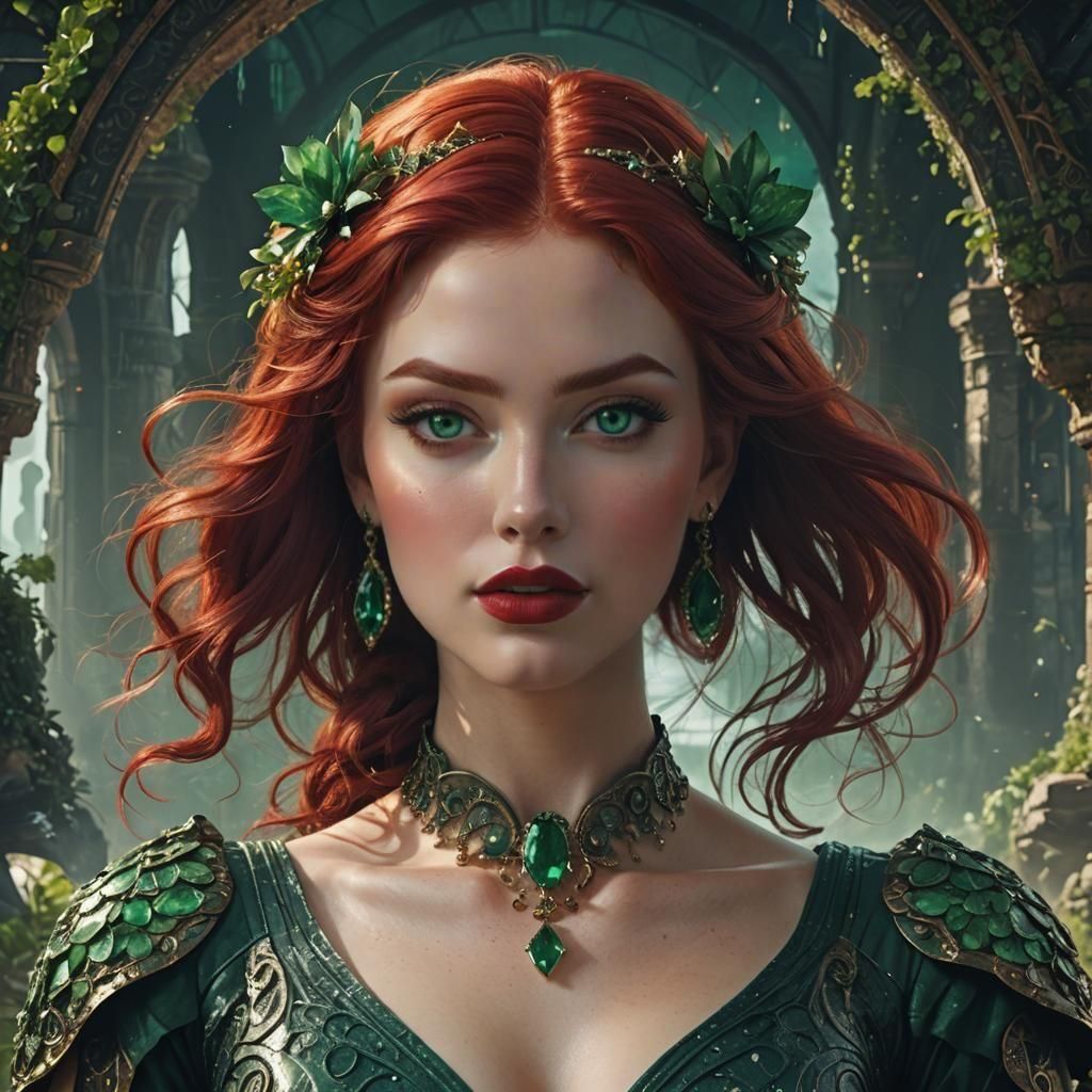 Emerald Adorned Woman with Ruby Hair, Fantasy Art