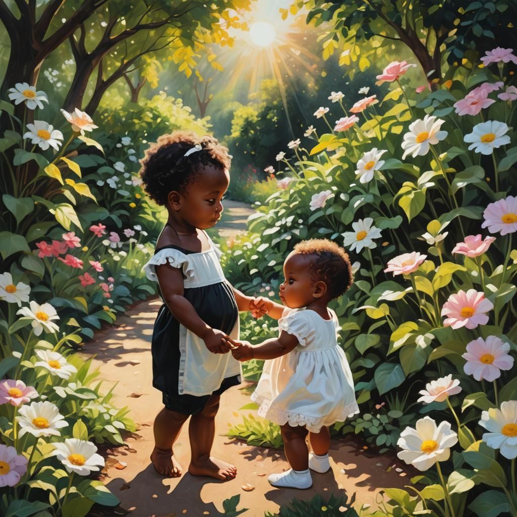 Babies Holding Hands in Sunlit Garden Painting