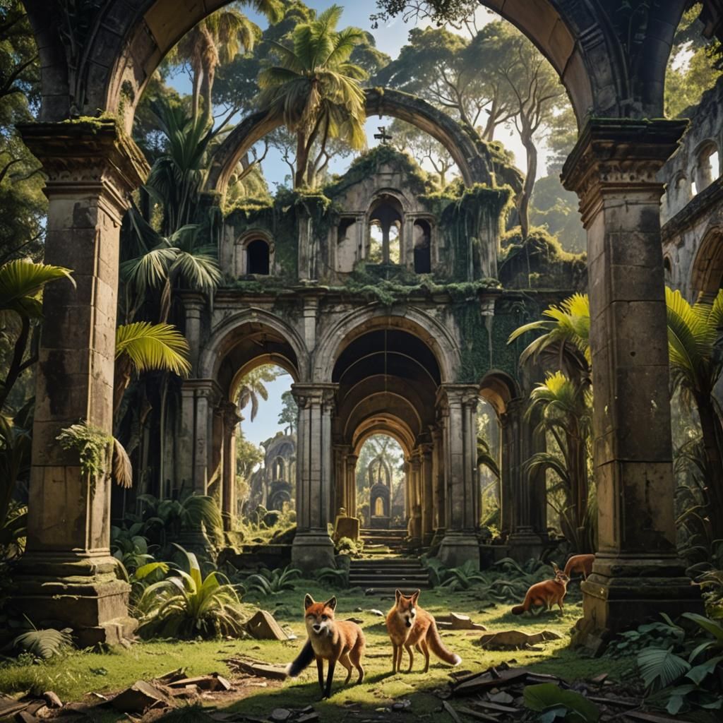 view of church ruins covered in plamts and moss with wild an...