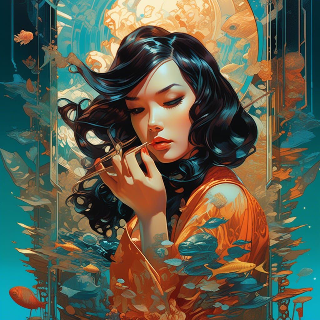 Girl Touches Mirrored Reflection: Detailed Digital Art