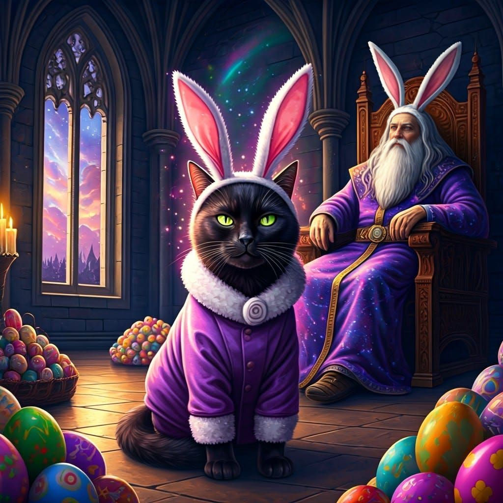 Whimsical Easter Bunny Wizard Cat
