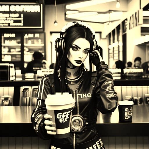 Cyber Goth Model Posing in Coffee Shop Film Still