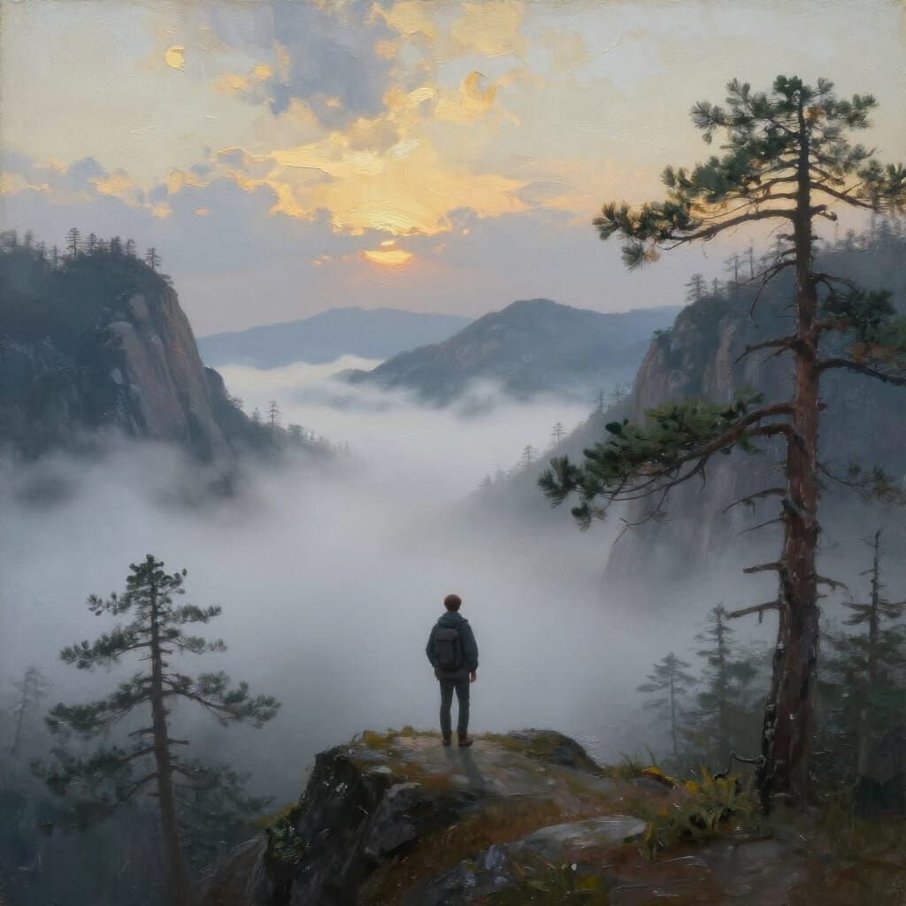 Hiker Gazes at Ethereal Valley in Romantic Landscape Paintin...