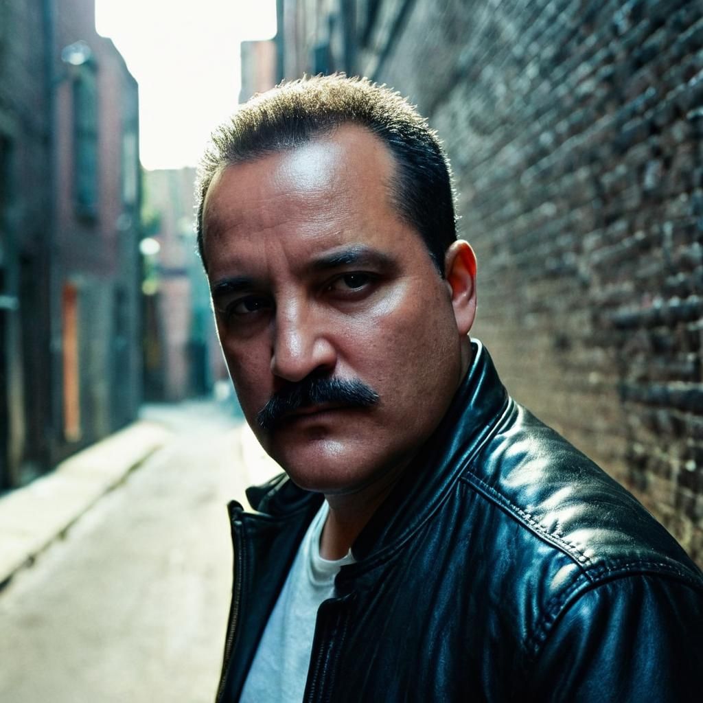 Biker in Alleyway: Cinematic Film Still