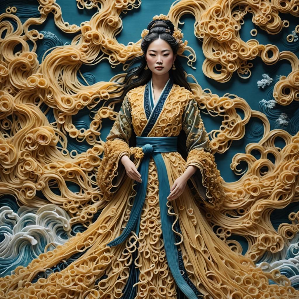 Pasta Gown on Asian Woman, Post-Impressionist Acrylic