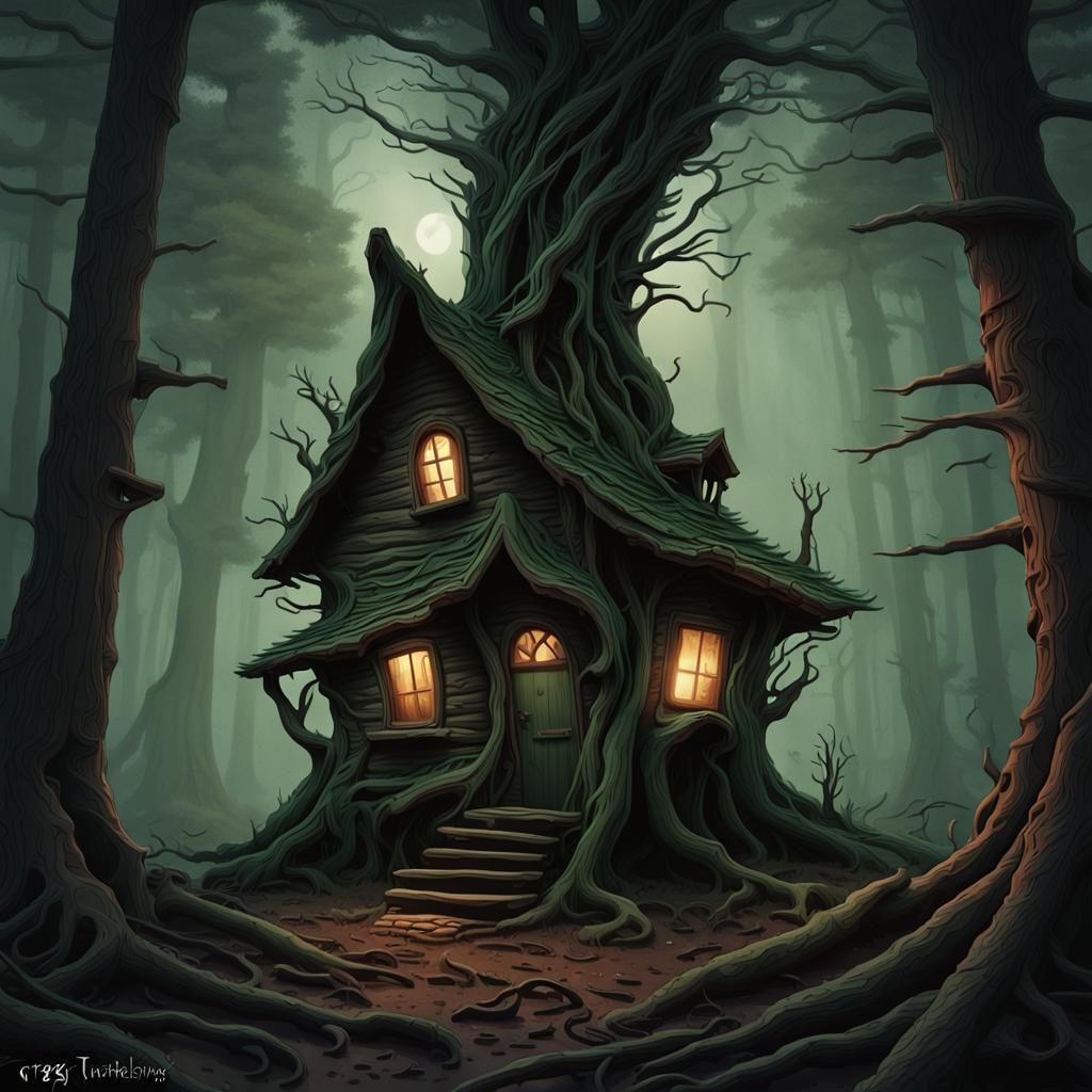 Dark Fantasy Wooden Witches House in Twisted Pine Forest