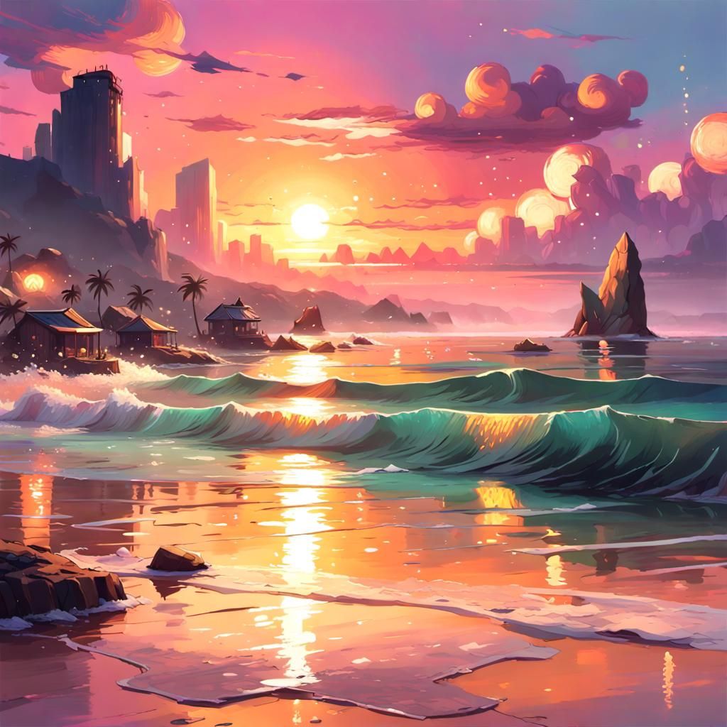 Pastel Sunset Landscape with Sparkling Sea