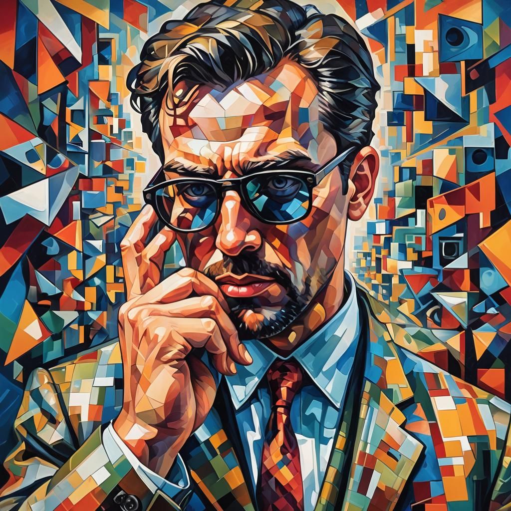 Pixelated World Revealed: Neo-Cubist Portrait