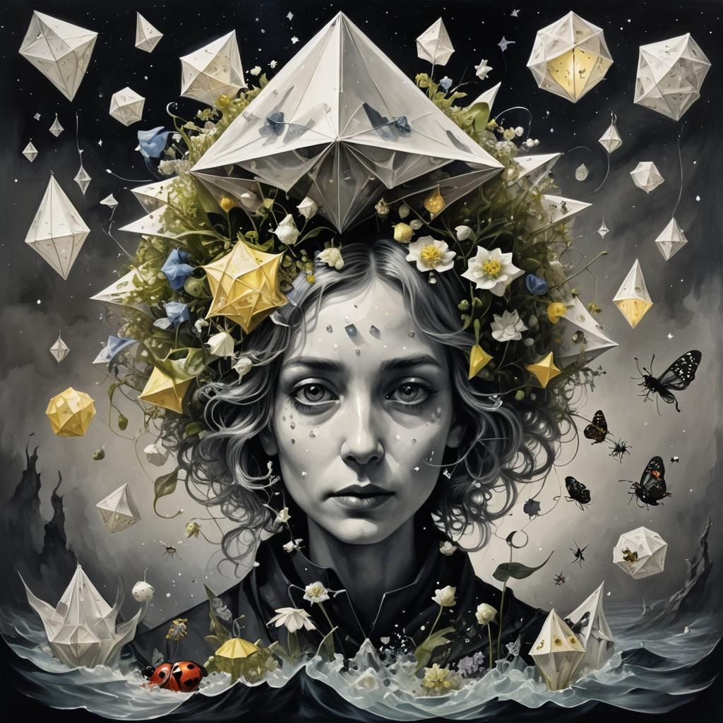Surreal Cosmic Portrait with Fireflies and Paper Boat