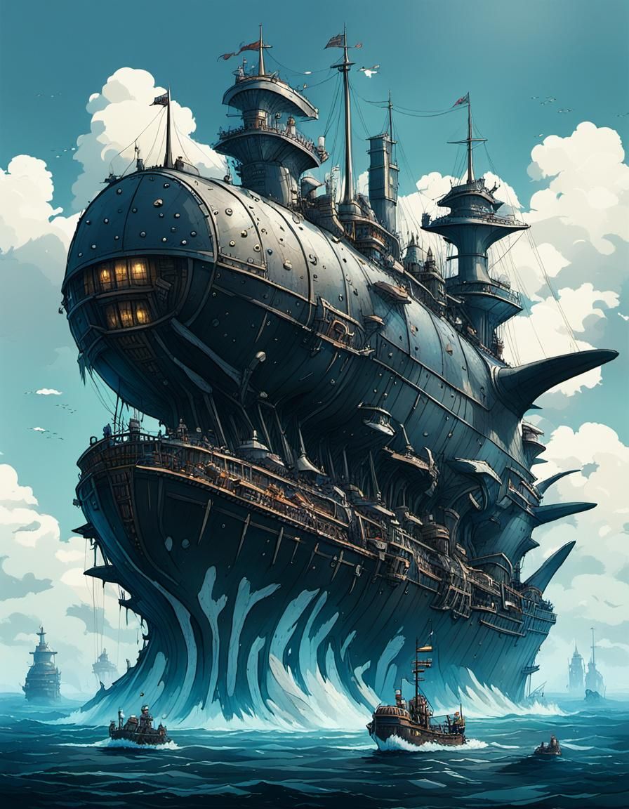 City Ship Hunting Titan Whales in Dieselpunk Style